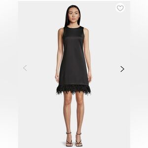 GABBY SKYE Feather-Trimmed Scuba Shift Dress Black Size 12/14 Like New Worn Once